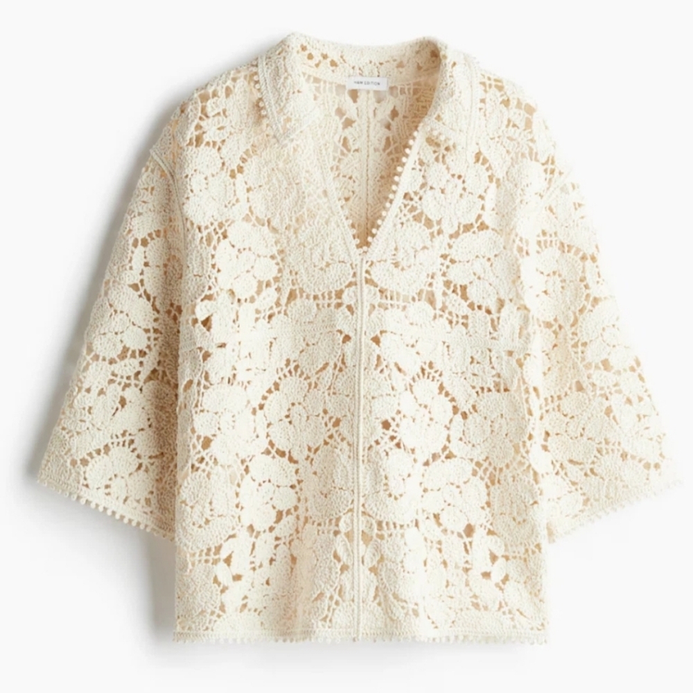 S H&M CROCHET-LOOK TOP BLOUSE SHIRT TUNIC BOHO LACE CREAM